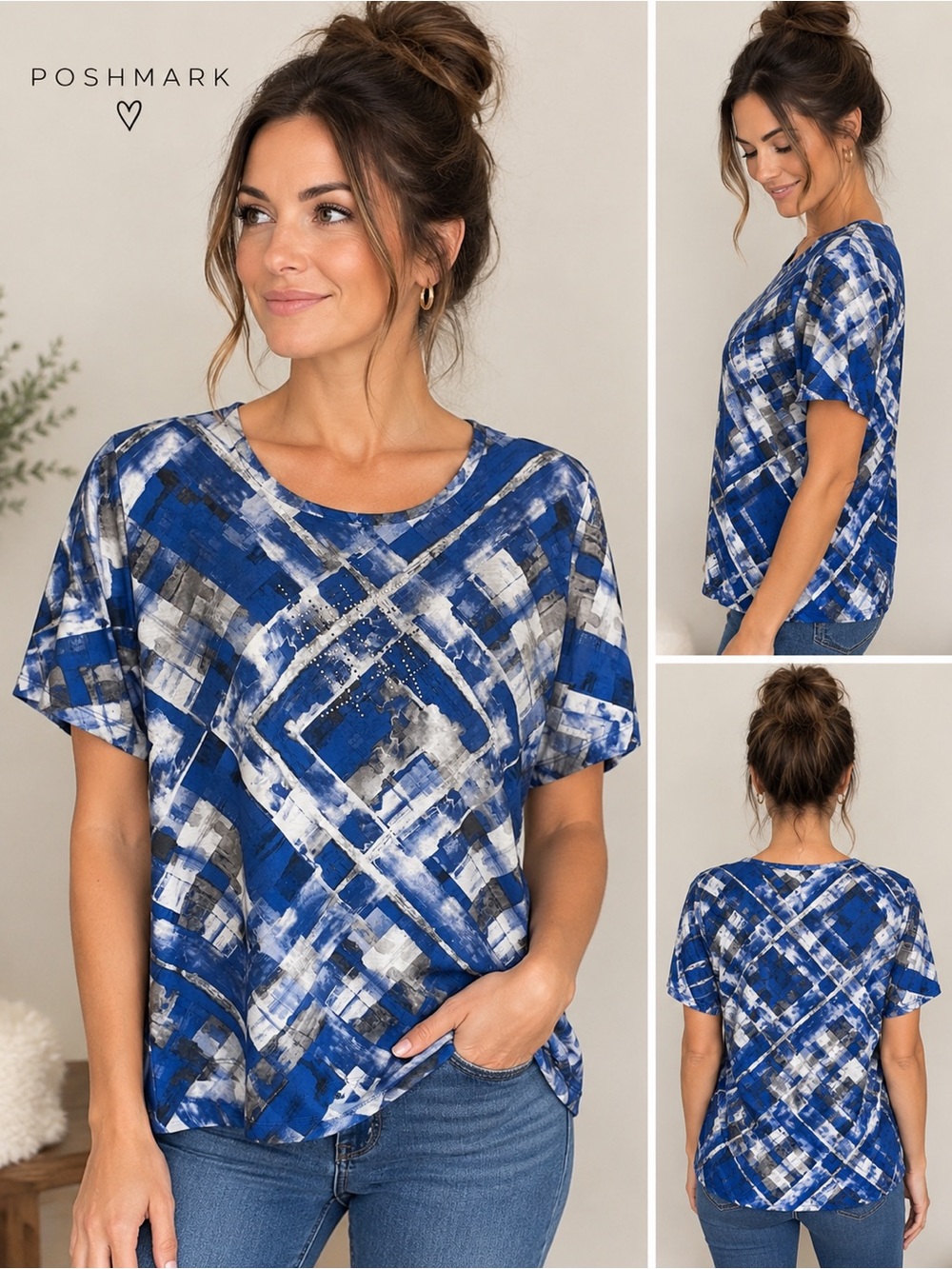 ALIA | Blue Abstract Geometric Embellished Top Size Petite M | NW